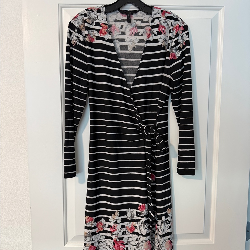 BCBGMaxAzria Black and White Striped Dress with Floral Accents. Size: L.